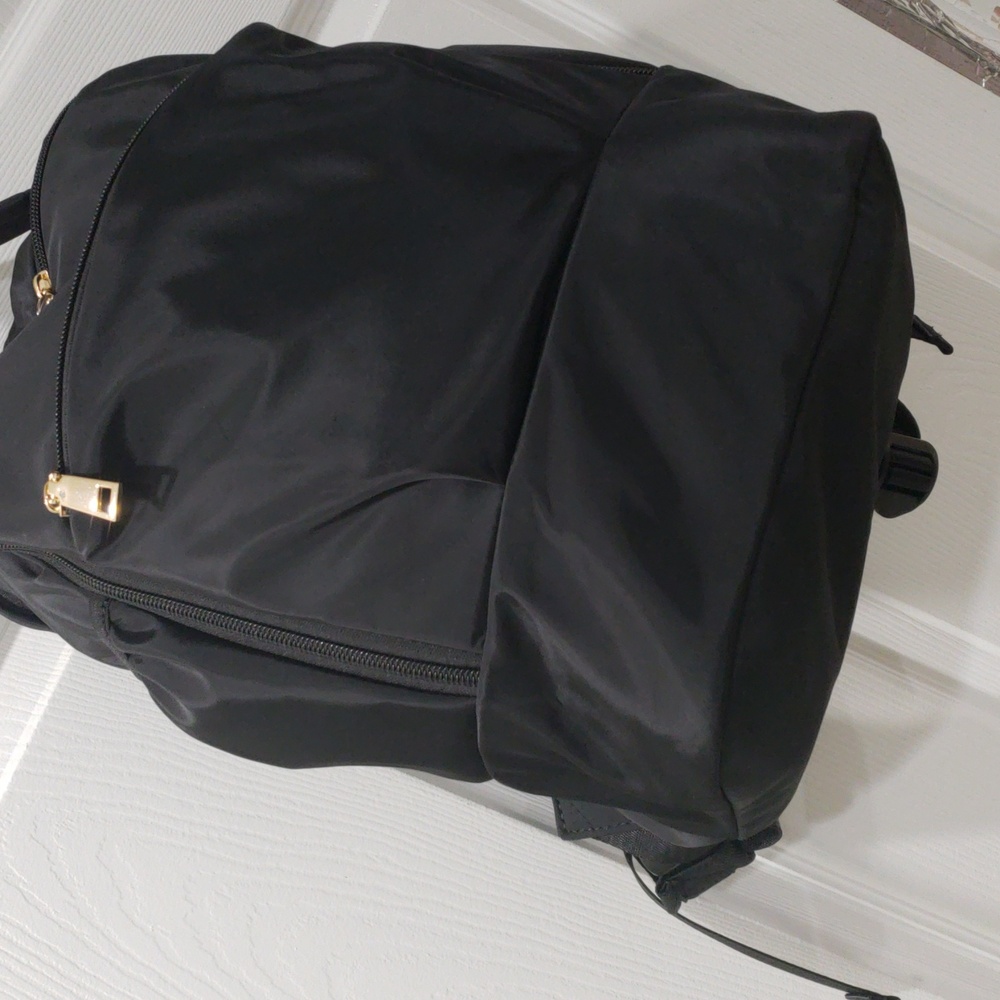 Black Nylon Daypack Backpack – Gold Zipper Accents, Lightweight Travel Bag - Picture 4 of 12